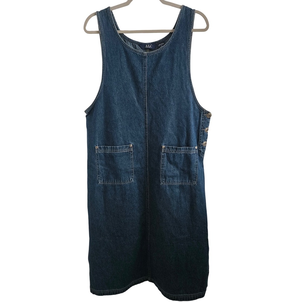Vintage Denim Jumper Dress Women M Side Buttons 100% Cotton Midi Pinafore - Picture 1 of 7